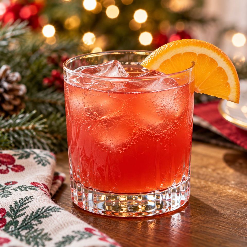 Coral-red cranberry and orange Christmas punch in a tumbler with an orange slice