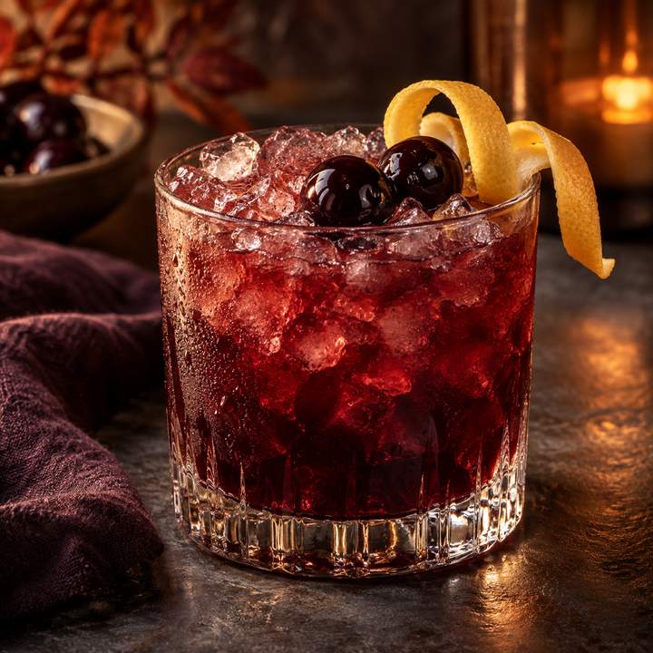 Black cherry bourbon smash with two cherries and lemon twist over crushed ice