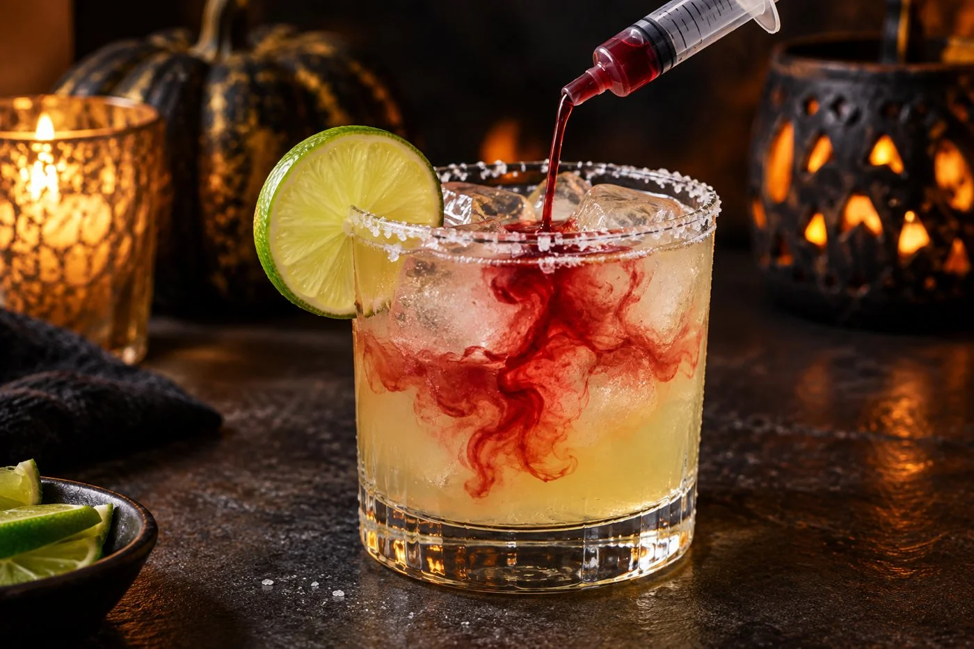 Pomegranate juice pouring from a needle-free oral syringe into a lime margarita, creating a red swirl