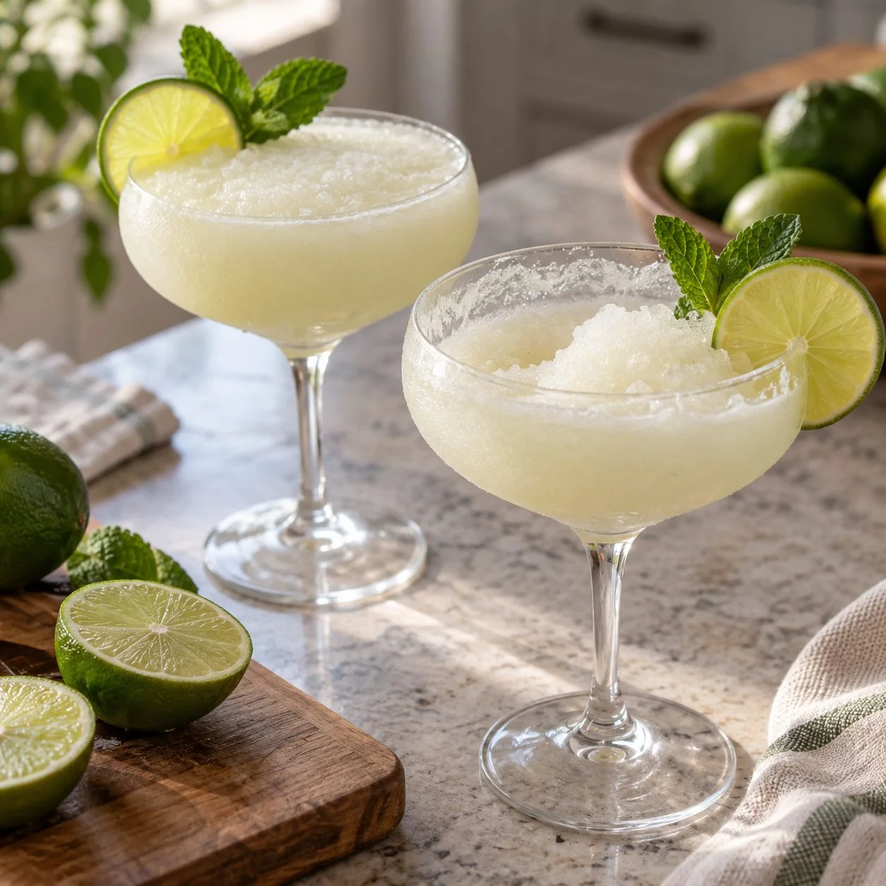 Two pale limeade daiquiris garnished with lime and mint