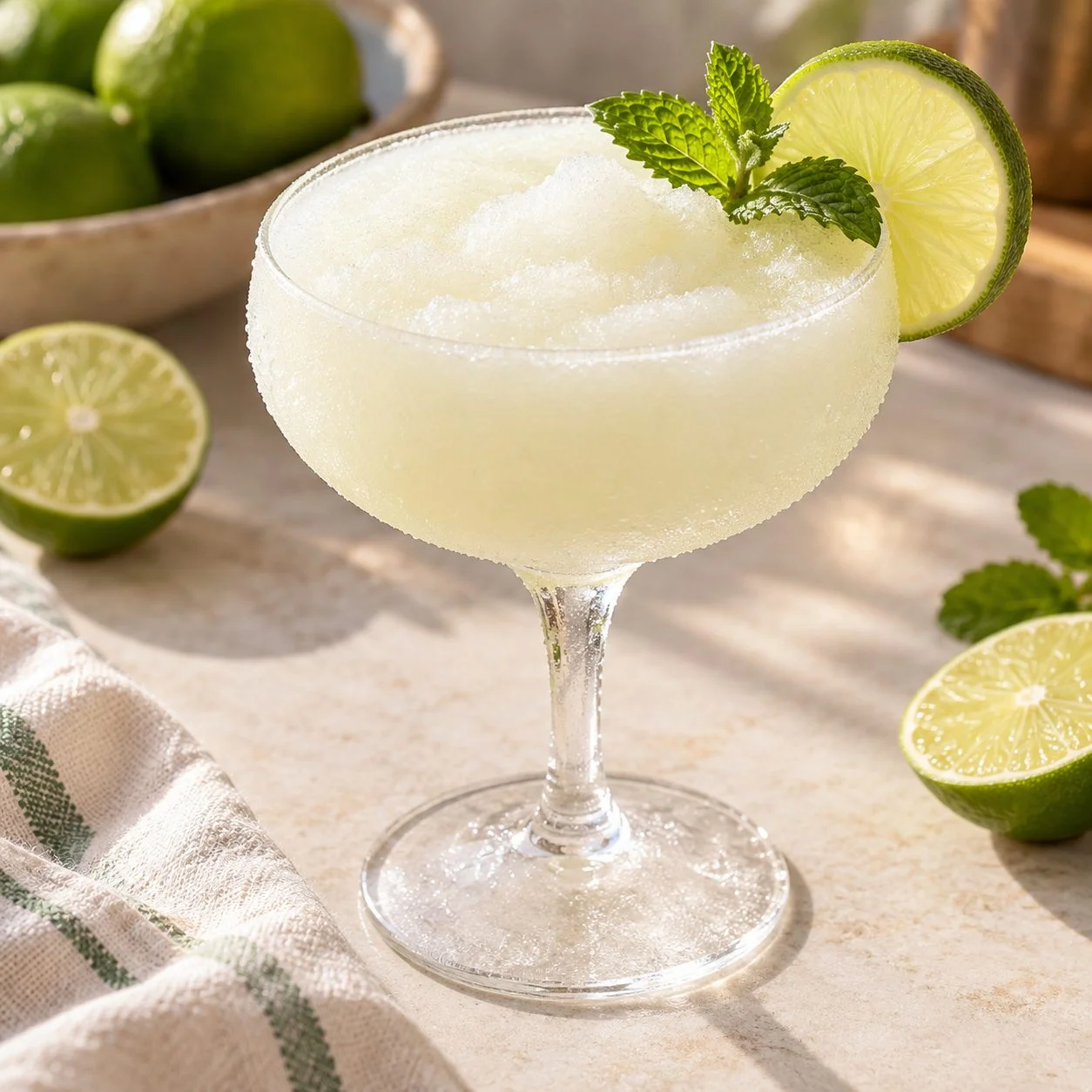 Pale blended limeade daiquiri garnished with lime and mint