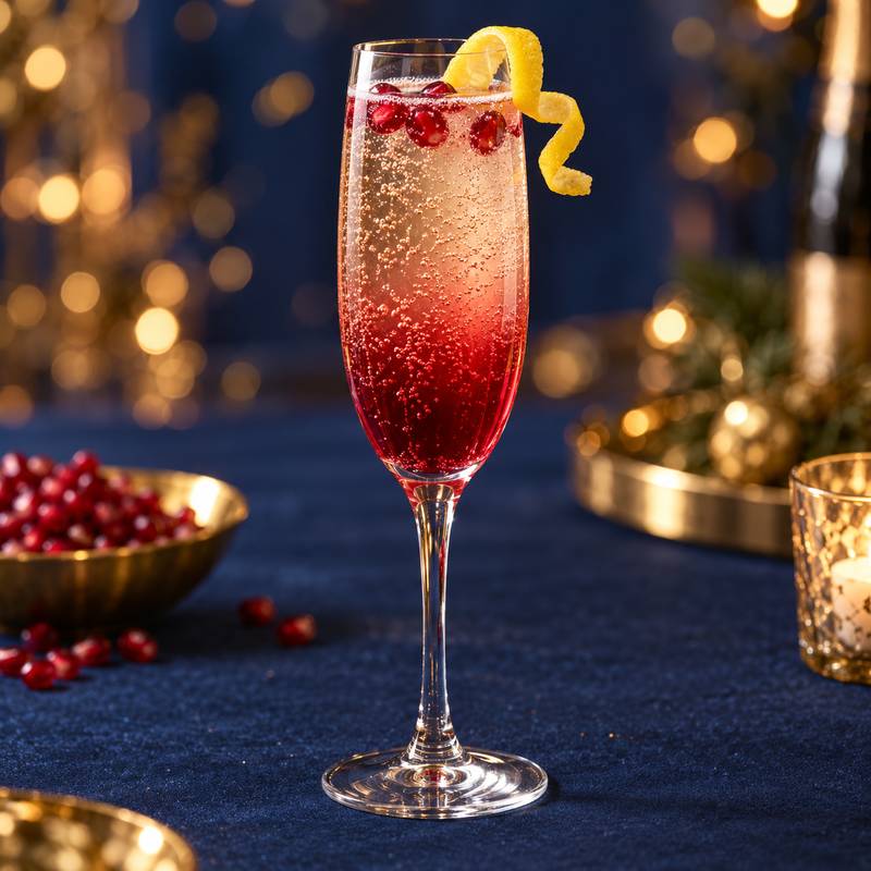 Pomegranate sparkling wine cocktail with lemon twist in a flute