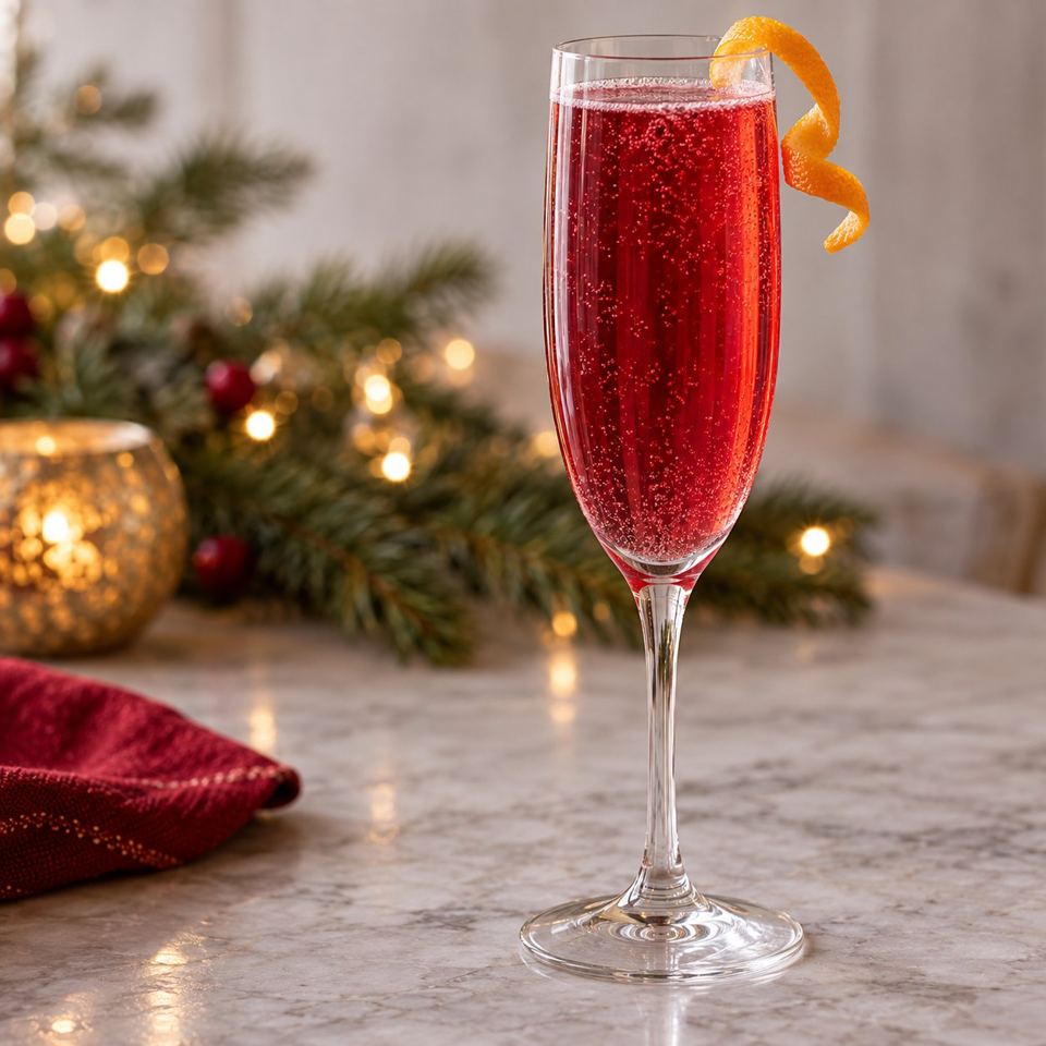 Ruby cranberry Poinsettia cocktail with an orange twist in a champagne flute