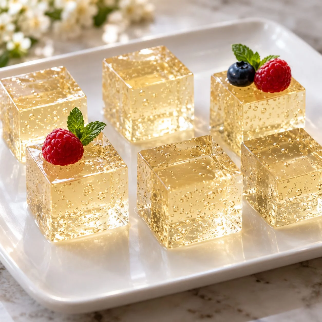 Set pale gold Prosecco gelatin shots on a serving plate