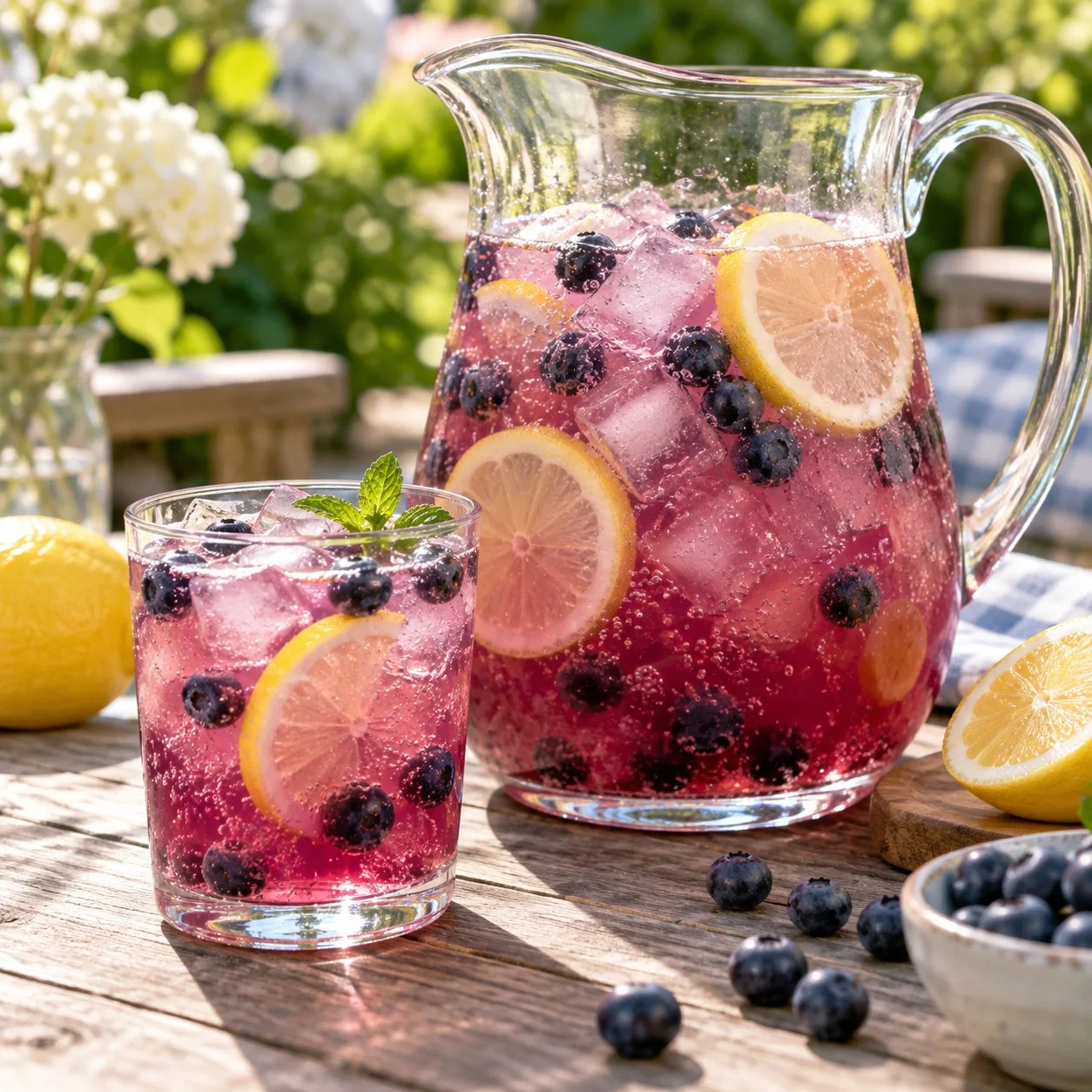 Pitcher and glass of purple-pink blueberry lemonade with blueberries and lemon