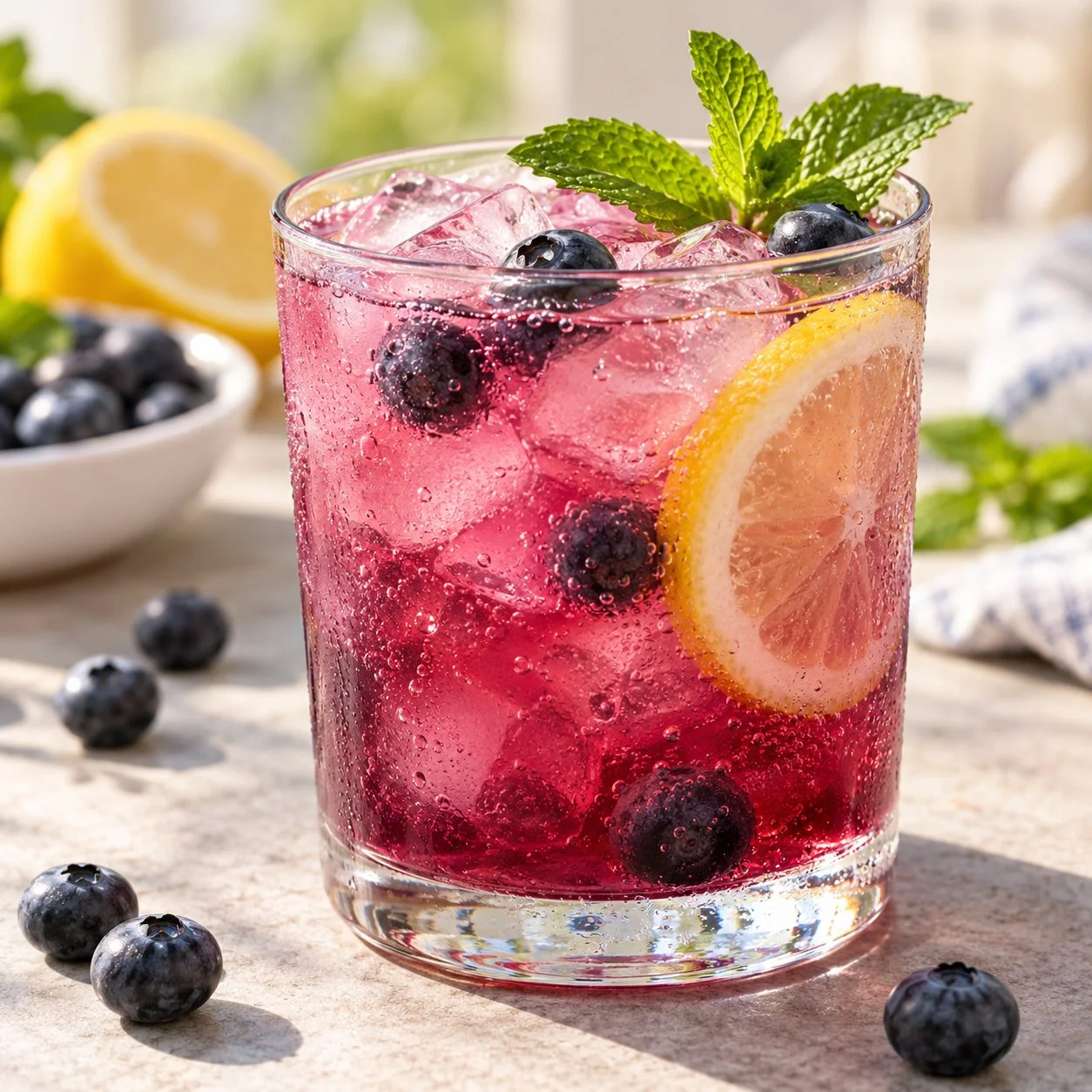 Purple-pink blueberry lemonade with ice, blueberries and lemon