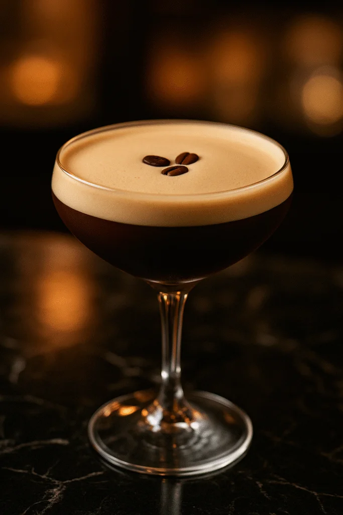 Classic espresso martini in a chilled coupe glass with a creamy layer of foam topped by three coffee beans, resting on a dark marble bar surface with warm ambient lighting.