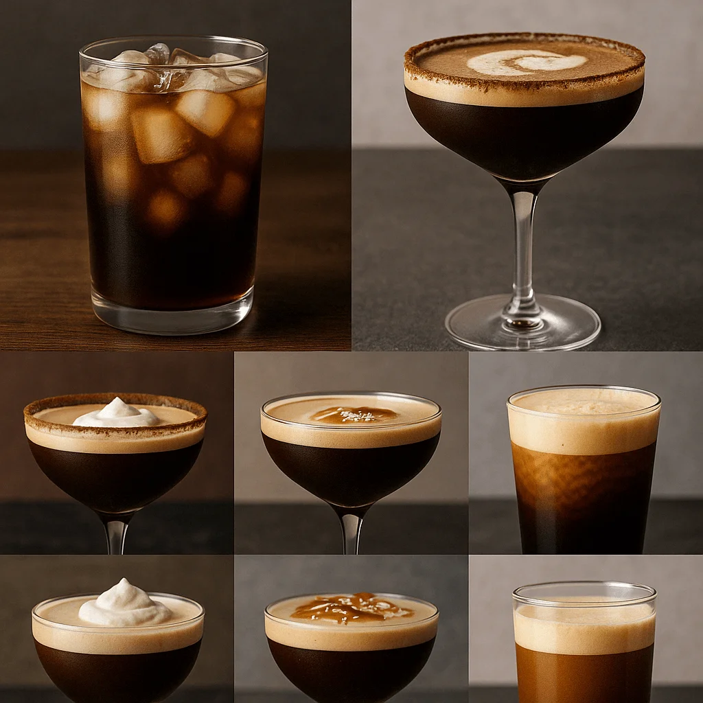Six‑panel collage showcasing six Espresso Martini riffs: (top‑left) Iced Espresso Martini in a tall glass with ice cubes; (top‑right) classic Espresso Martini in a coupe with silky crema; (middle‑left) Tiramisu Espresso Martini rimmed with cocoa and mascarpone foam; (middle‑center) Salted‑Caramel Espresso Martini drizzled with caramel and sea salt; (middle‑right) Nitro Espresso Martini cascading foam in a pint glass; (bottom‑left) Protein‑Booster Espresso Martini with vanilla protein swirl; (bottom‑center) Coconut‑Dream Espresso Martini topped with coconut cream.