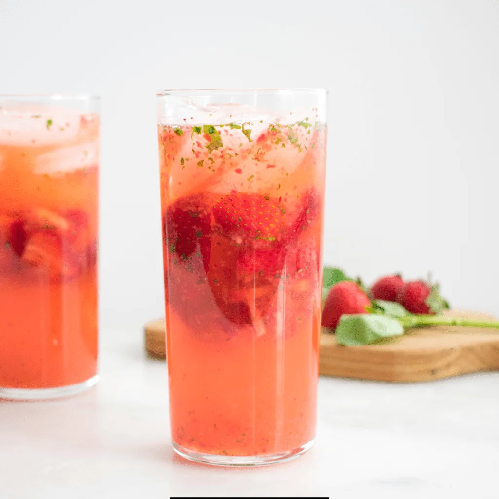 Sutter Home Strawberry Lemonade with a vibrant pink in color and strawberry inside