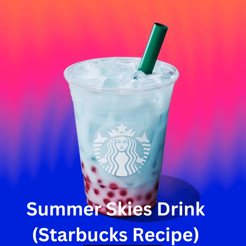 A pretty looking Summer Skies Drink with raspberry pearls at the bottom in a starbuck cup topped with ice