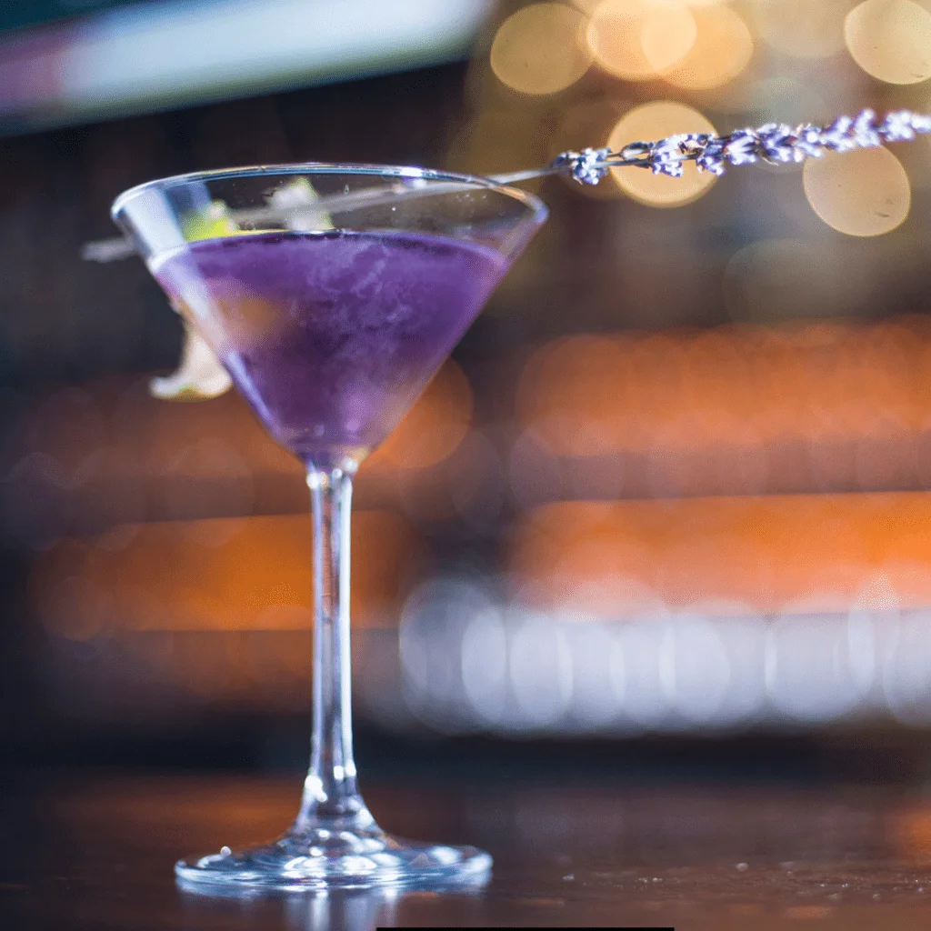 a glass of Lavender Martini topped with a lavender twig 