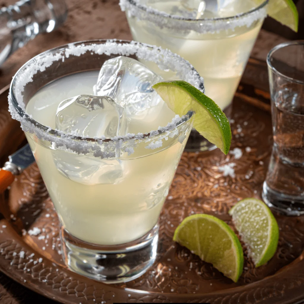 Tequila Daisy Cocktail with a lemon slice and salted rim