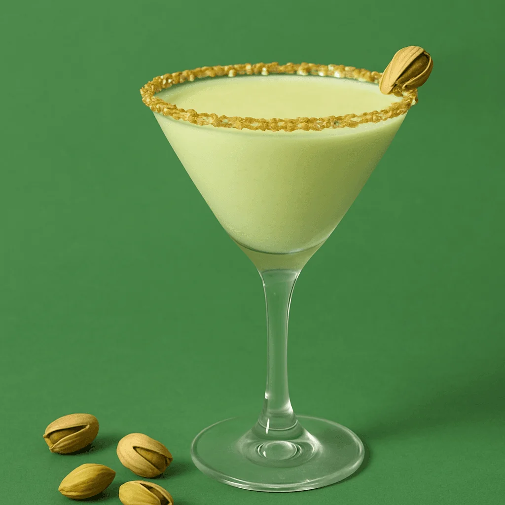 Creamy pale green pistachio martini with a crushed pistachio rim and pistachios on the side