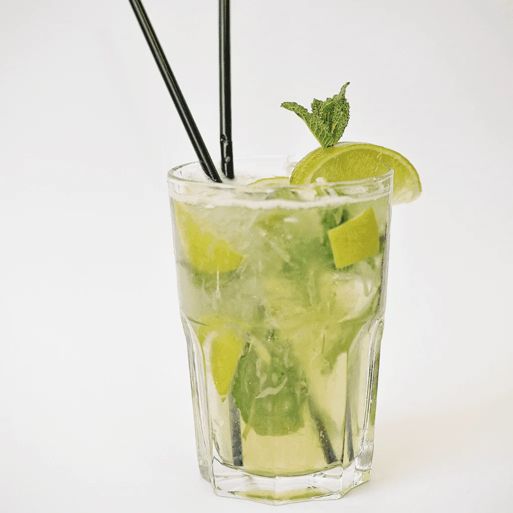 Topo Chico Mocktail served with lemon, ice and mint leaves