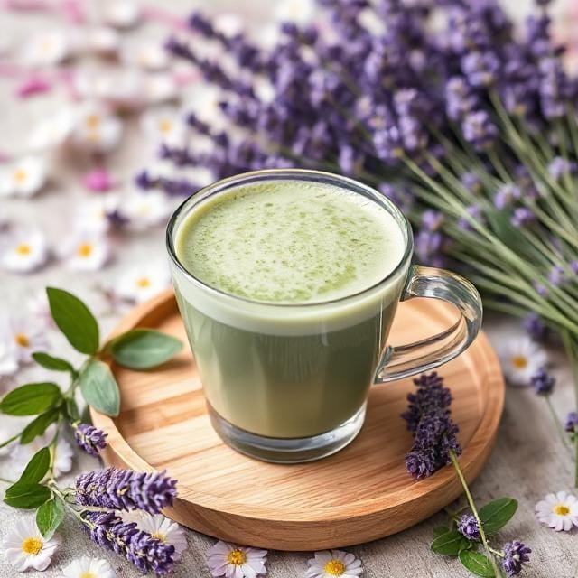 Copycat Starbucks Lavender Matcha Latte on a wooden tray with a pile of lavender in the background.