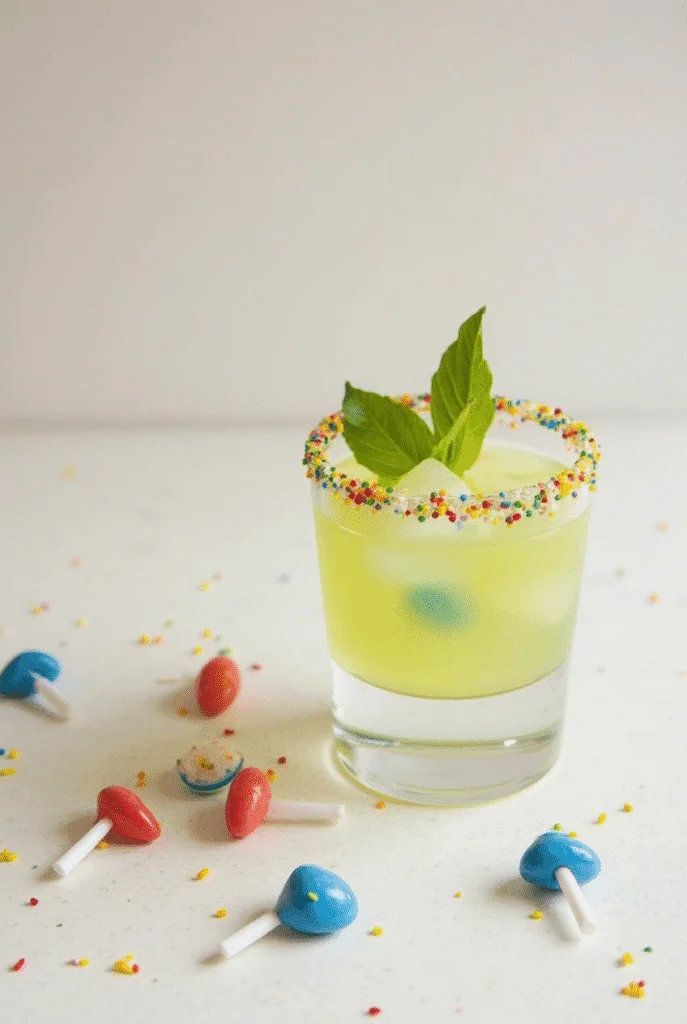 Jolly Rancher Tequila Cocktail garnished with mint leaves with candies scattered around
