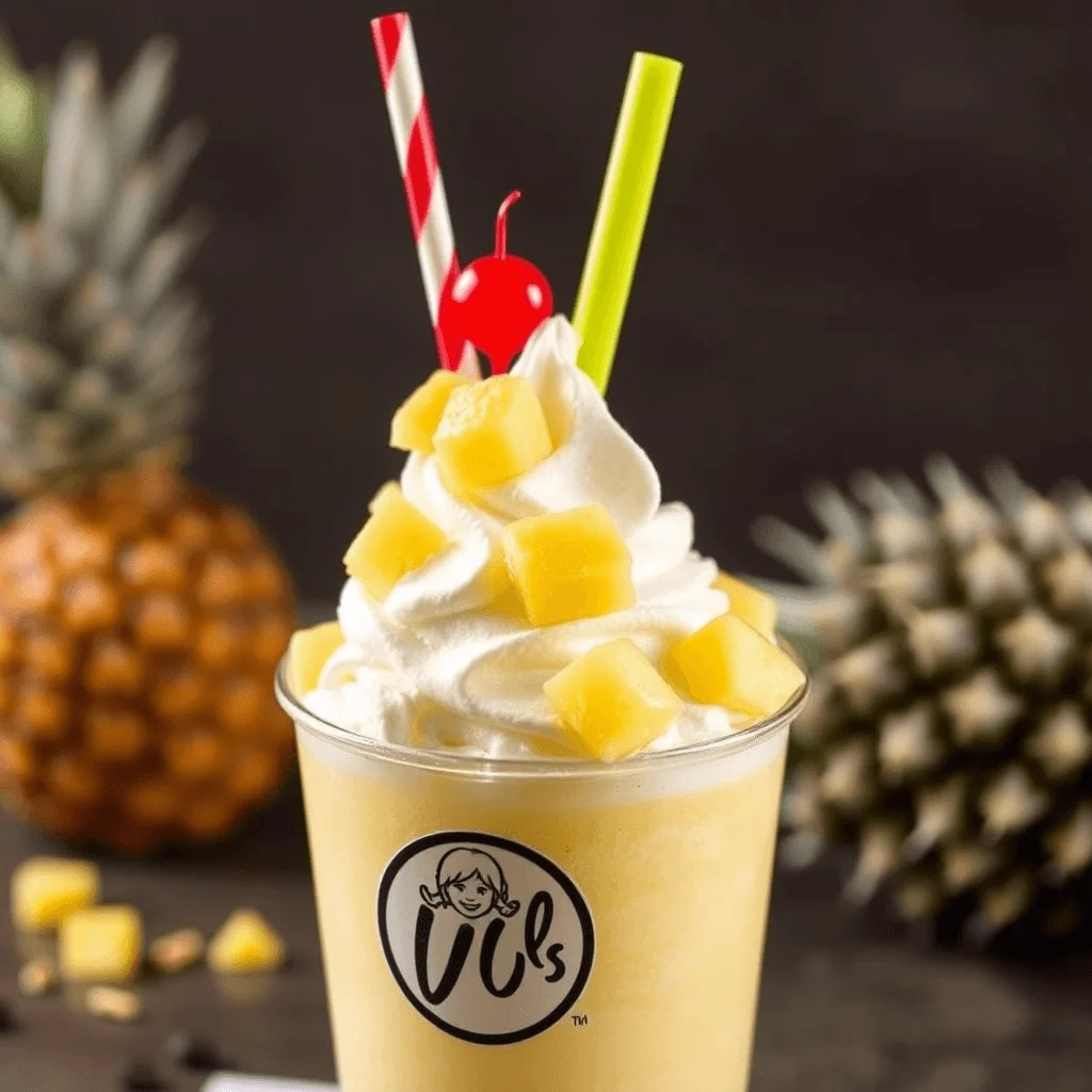 Homemade Wendy’s Pineapple Frosty with cherry and pineapple toppings