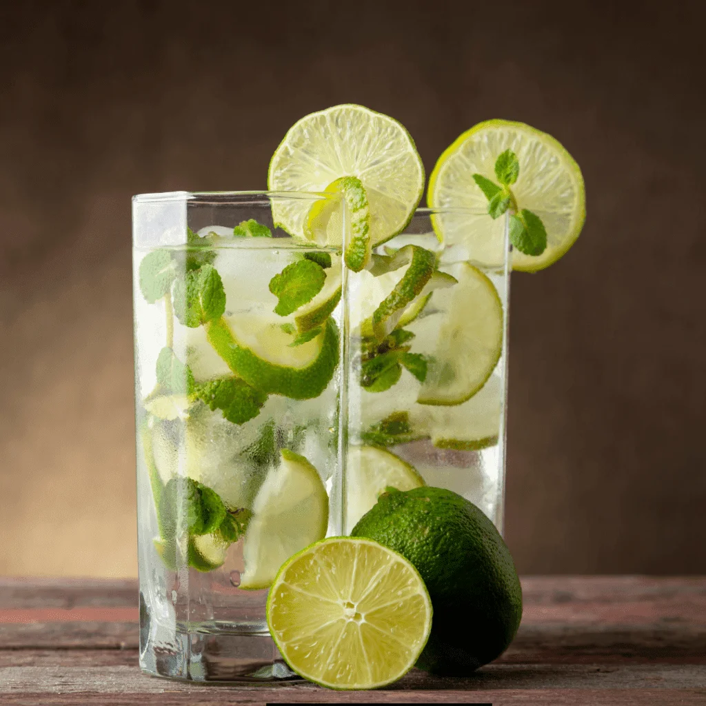 2 glasses of refreshing Waterloo Mojito Mocktail for summer served with lemon and mint