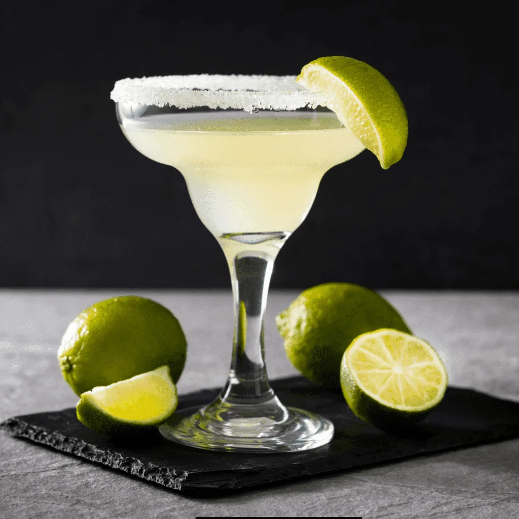 Margarita with a salted rim and a lime wedge on a black slate, with fresh limes beside it