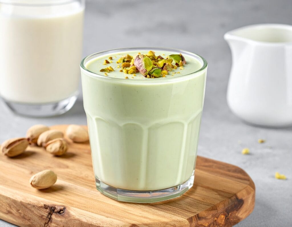 Creamy pistachio coffee flavoured latte garnished with pista in a wooden tray.
