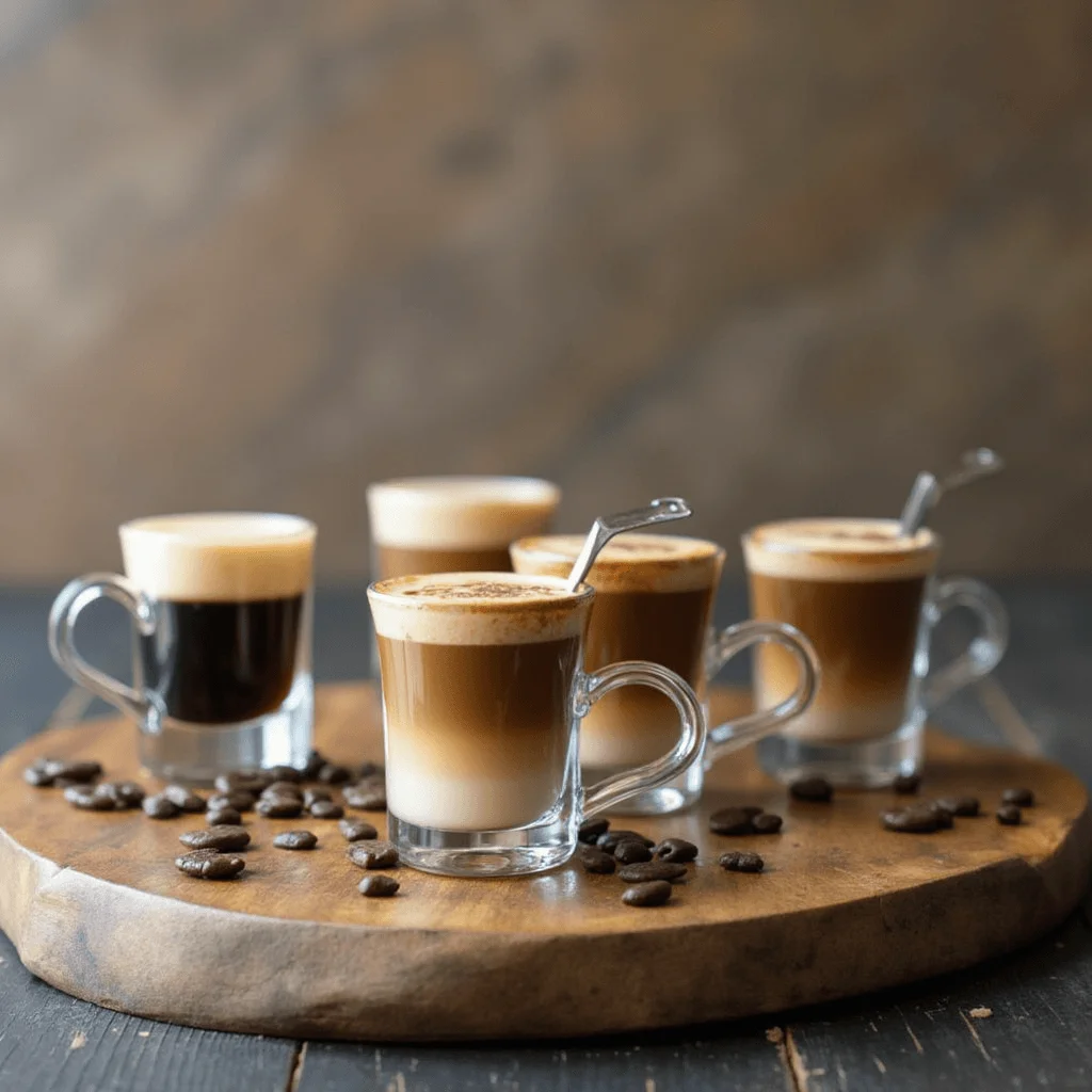 Glasses of Homemade Stok Espresso Shots  served on a wooden tray with coffee beans .