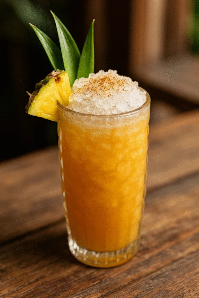 Painkiller cocktail in a tiki glass with crushed ice, grated nutmeg and a pineapple wedge