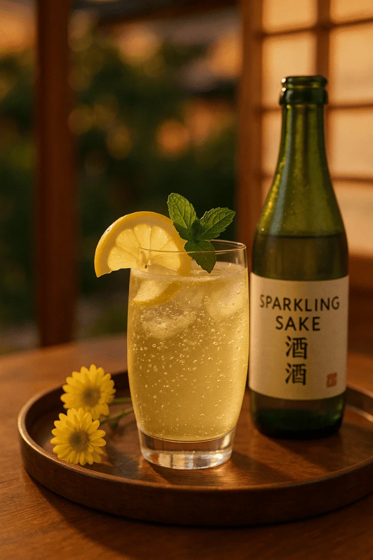 Fizzy Sparkling Sake Cocktail in a glass with a lemon slice and mint garnish served on a wooden tray with flowers and a bottle of sake on a buzzy evening.
