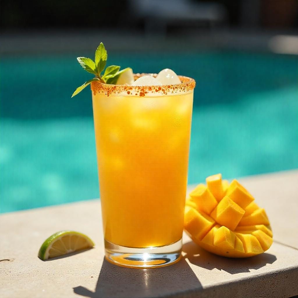 A glass of Spicy Mango Margarita with tajin rim on a poolside on a summer day, topped with mint and ice and slices of mango and slice of lemon lies beside the glass. 