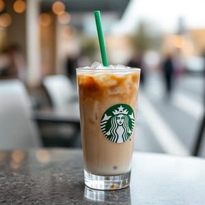Starbucks Iced Coffee topped with ice in outdoors